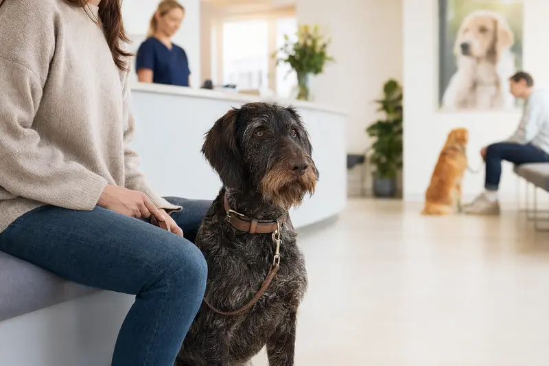 Ein Flämischer Treibhund sitzt ruhig neben seinem Besitzer im Wartezimmer einer modernen Tierarztpraxis.